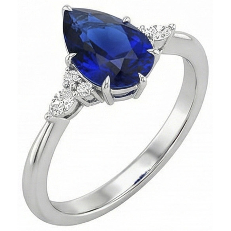 Bague Anniversaire Femme Diamant Naturels Extraits des Mines ( et non cultivés en laboratoire ) Taille Poire Saphir Bleu Centre 5 Carats