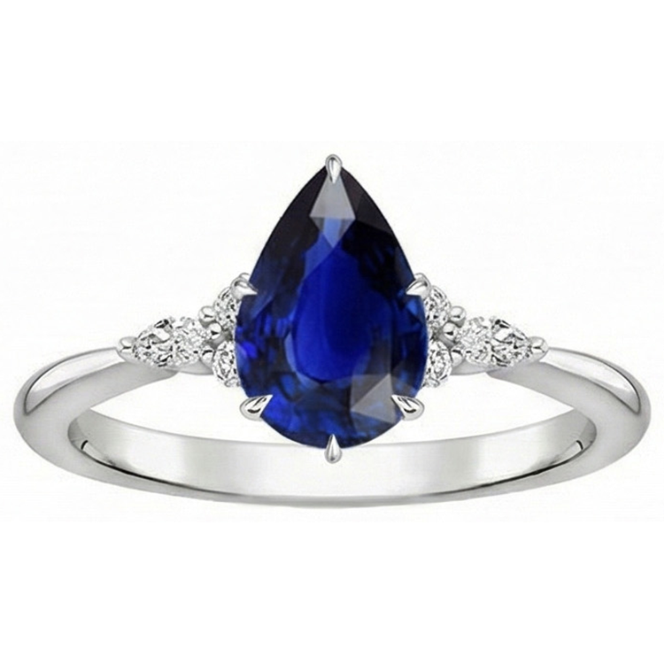 Bague Anniversaire Femme Diamant Naturels Extraits des Mines ( et non cultivés en laboratoire ) Taille Poire Saphir Bleu Centre 5 Carats