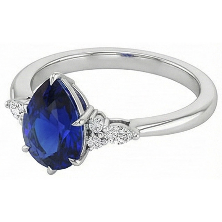 Bague Anniversaire Femme Diamant Naturels Extraits des Mines ( et non cultivés en laboratoire ) Taille Poire Saphir Bleu Centre 5 Carats