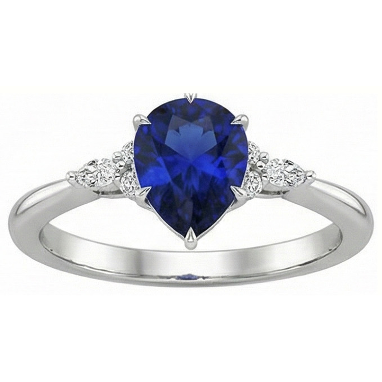 Bague Anniversaire Femme Diamant Naturels Extraits des Mines ( et non cultivés en laboratoire ) Taille Poire Saphir Bleu Centre 5 Carats