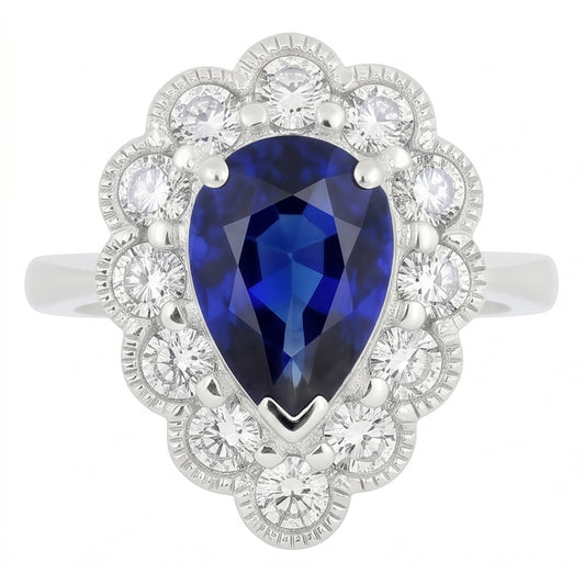 Bague Anniversaire Halo Style Antique Saphir Bleu Pierre Gemme 3.50 Carats