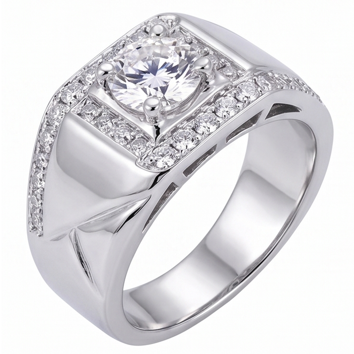 Bague Anniversaire Homme Réel Diamant Rond 2 Carats Or Blanc 14K Bijoux