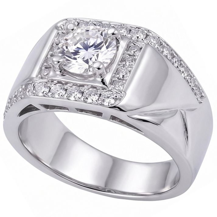 Bague Anniversaire Homme Réel Diamant Rond 2 Carats Or Blanc 14K Bijoux