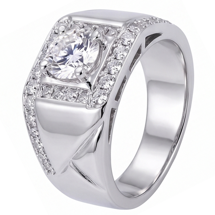 Bague Anniversaire Homme Réel Diamant Rond 2 Carats Or Blanc 14K Bijoux