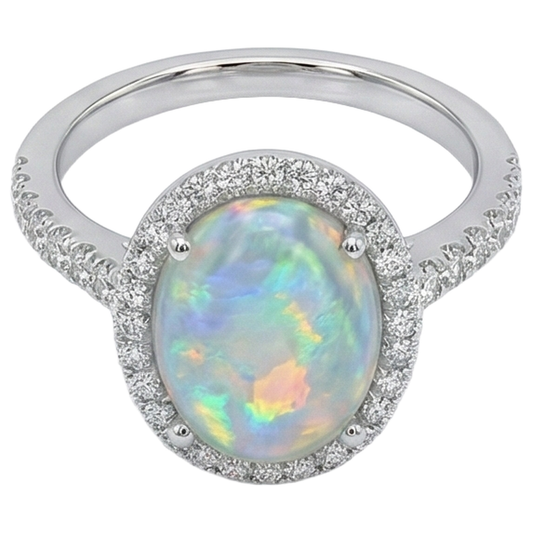 Bague Anniversaire Opale Et Diamants Naturels Extraits des Mines ( et non cultivés en laboratoire ) 11.20 Carats Or Blanc 14K