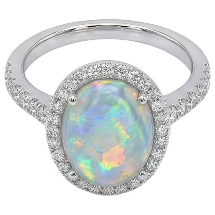 Bague Anniversaire Opale Et Diamants Naturels Extraits des Mines ( et non cultivés en laboratoire ) 11.20 Carats Or Blanc 14K