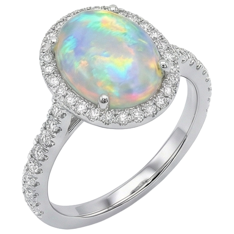 Bague Anniversaire Opale Et Diamants Naturels Extraits des Mines ( et non cultivés en laboratoire ) 11.20 Carats Or Blanc 14K