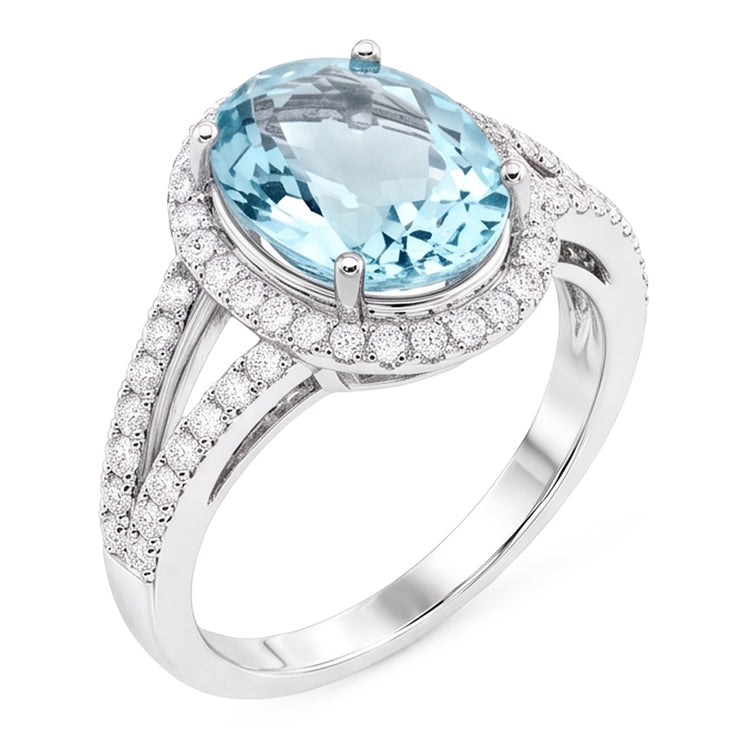 Bague Anniversaire Ovale Aigue-Marine Et Diamants Naturels Extraits des Mines ( et non cultivés en laboratoire ) 16.35 Ct Or Blanc