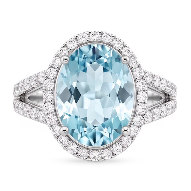 Bague Anniversaire Ovale Aigue-Marine Et Diamants Naturels Extraits des Mines ( et non cultivés en laboratoire ) 16.35 Ct Or Blanc