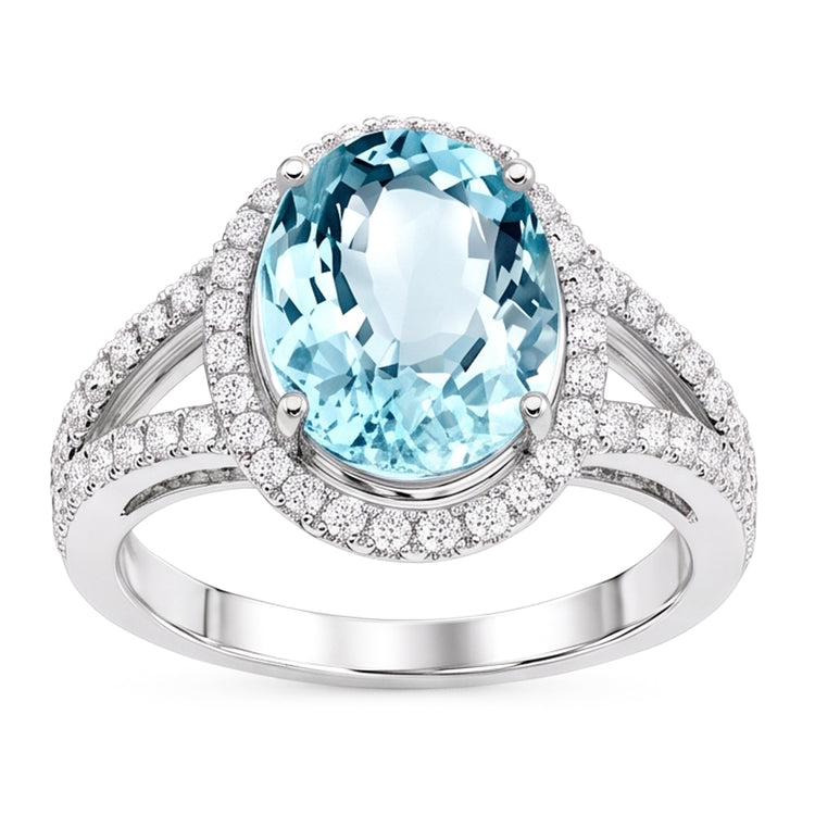 Bague Anniversaire Ovale Aigue-Marine Et Diamants Naturels Extraits des Mines ( et non cultivés en laboratoire ) 16.35 Ct Or Blanc