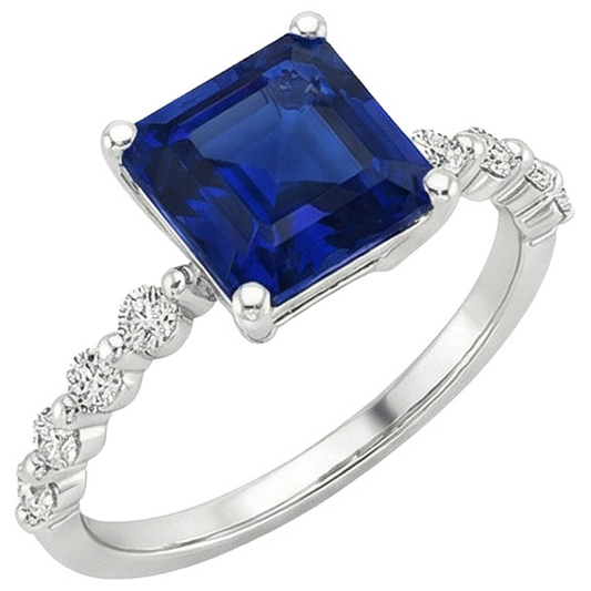 Bague Anniversaire Princesse Saphir Bleu Solitaire Avec Accents 4 Carats