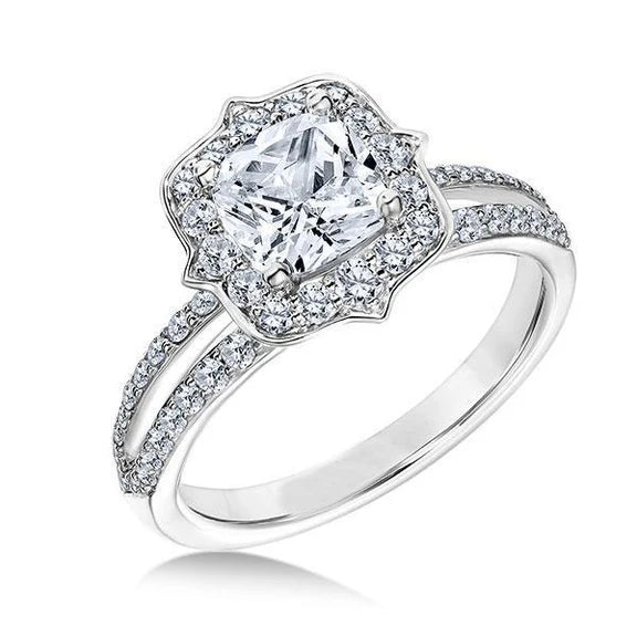 Bague Anniversaire Réel Diamant Halo 2.75 Carats Tige Fendue Or Blanc 14K