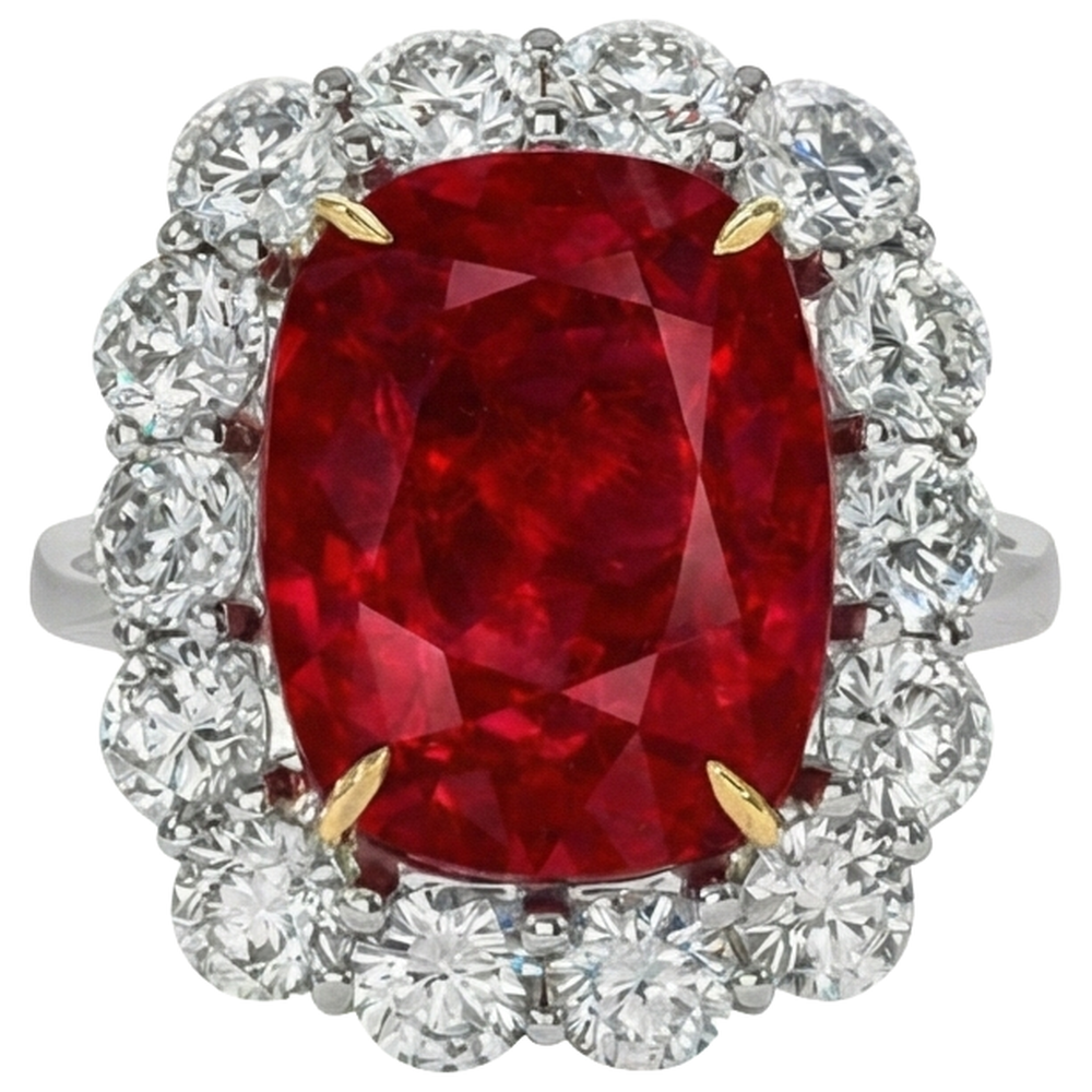 Bague Anniversaire Rubis Coussin Et Diamants Ronds 7 Carats