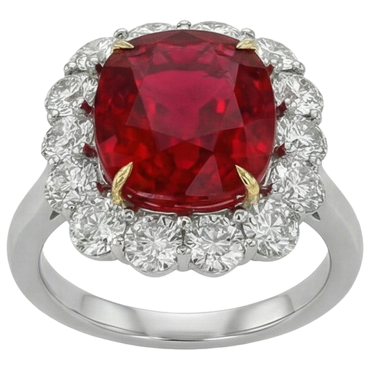 Bague Anniversaire Rubis Coussin Et Diamants Ronds 7 Carats