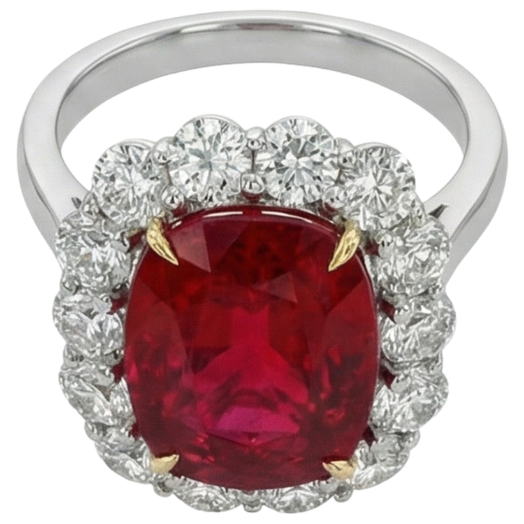Bague Anniversaire Rubis Coussin Et Diamants Ronds 7 Carats