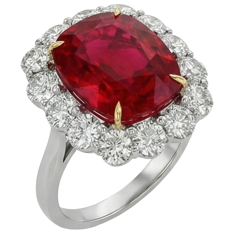 Bague Anniversaire Rubis Coussin Et Diamants Ronds 7 Carats