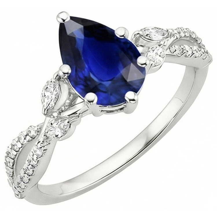 Bague Anniversaire Saphir Bleu Marquise & Diamants Naturels Extraits des Mines ( et non cultivés en laboratoire ) Ronds 5.50 Carats