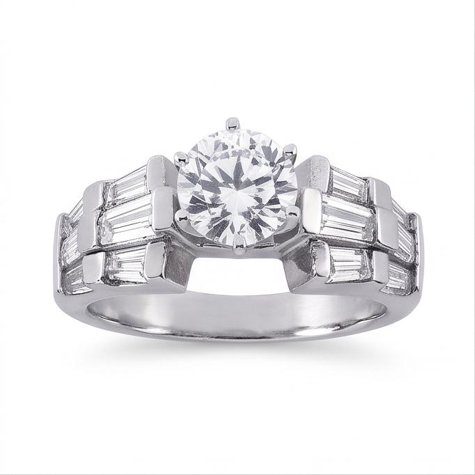 Bague Anniversaire à 3 Carats De Véritable Diamants Naturels Extraits des Mines ( et non cultivés en laboratoire ) Ronds Et Baguettes 14K D'Or Blanc
