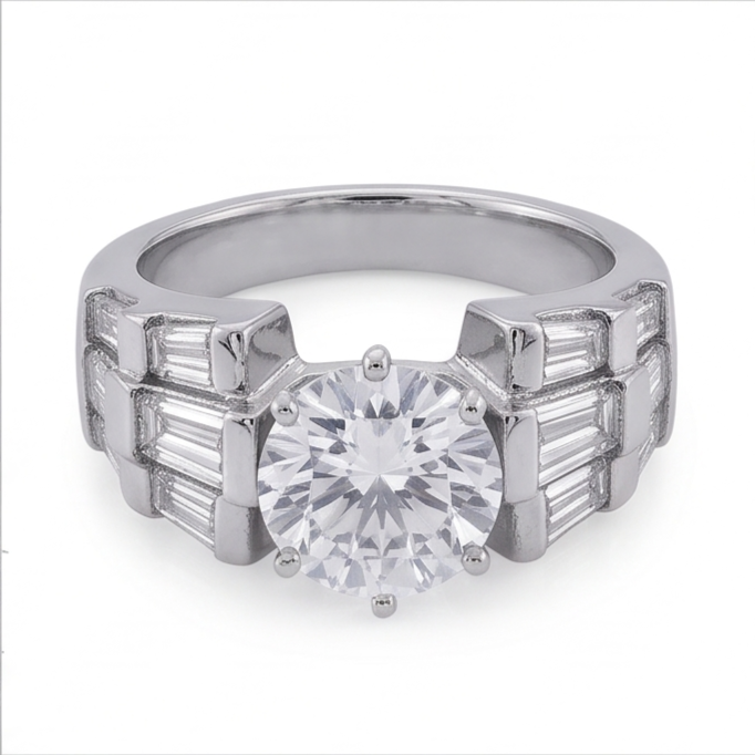 Bague Anniversaire à 3 Carats De Véritable Diamants Naturels Extraits des Mines ( et non cultivés en laboratoire ) Ronds Et Baguettes 14K D'Or Blanc