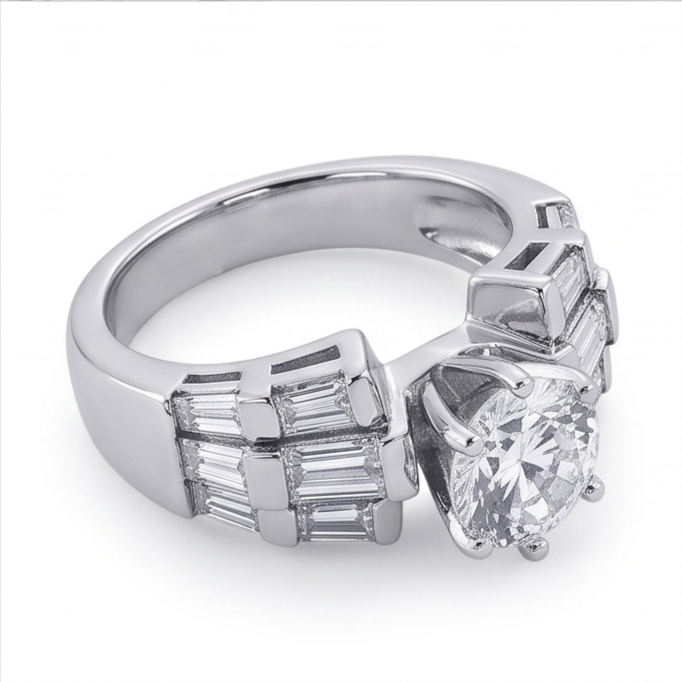 Bague Anniversaire à 3 Carats De Véritable Diamants Naturels Extraits des Mines ( et non cultivés en laboratoire ) Ronds Et Baguettes 14K D'Or Blanc