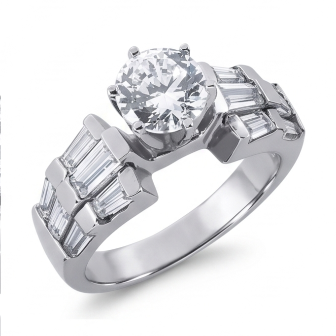 Bague Anniversaire à 3 Carats De Véritable Diamants Naturels Extraits des Mines ( et non cultivés en laboratoire ) Ronds Et Baguettes 14K D'Or Blanc