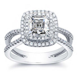 Bague Asscher 4.20 Carats Et Véritable Diamant Rond Halo