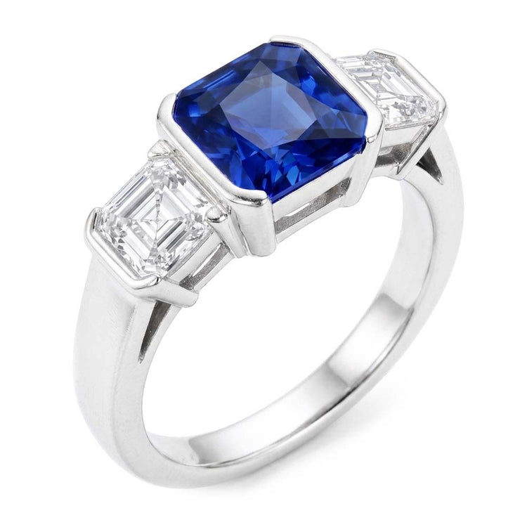 Bague Asscher Diamant 3 Pierres 3 Carats Saphir Sri Lankais Bijoux En Or