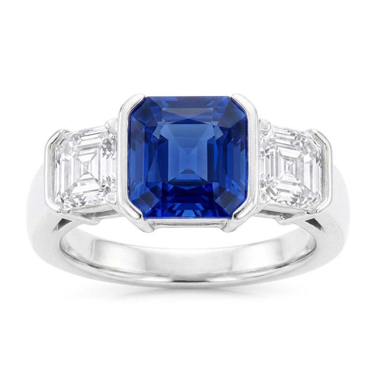 Bague Asscher Diamant 3 Pierres 3 Carats Saphir Sri Lankais Bijoux En Or