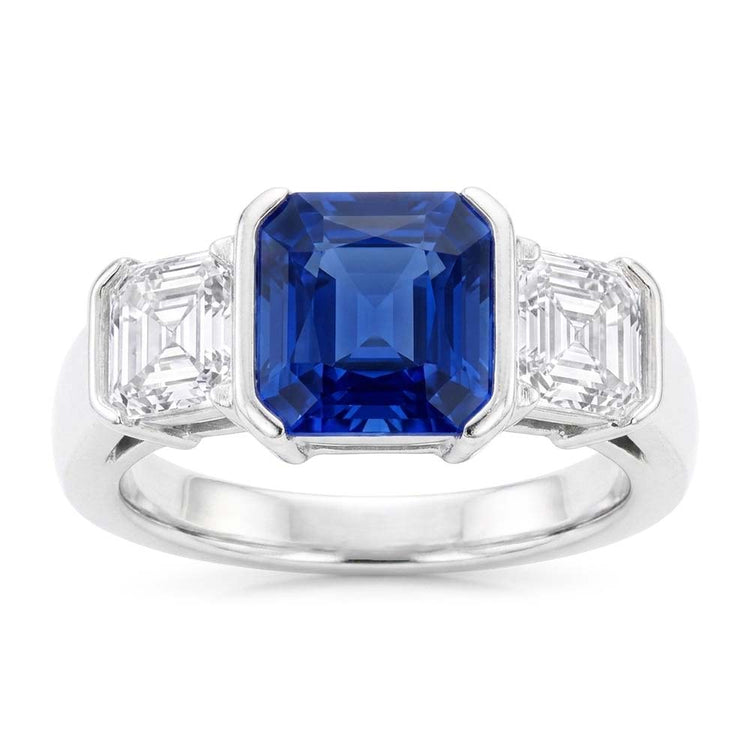 Bague Asscher Diamant 3 Pierres 3 Carats Saphir Sri Lankais Bijoux En Or