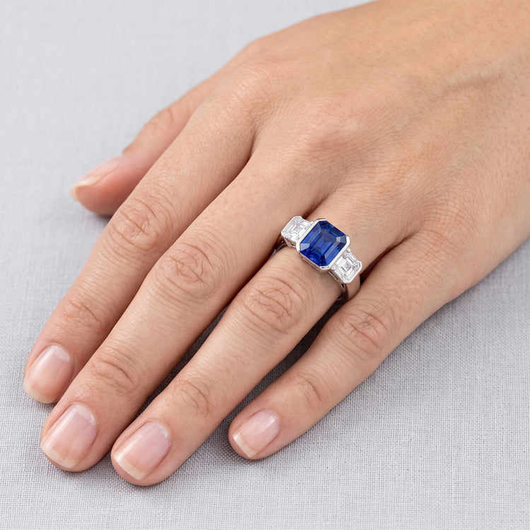 Bague Asscher Diamant 3 Pierres 3 Carats Saphir Sri Lankais Bijoux En Or
