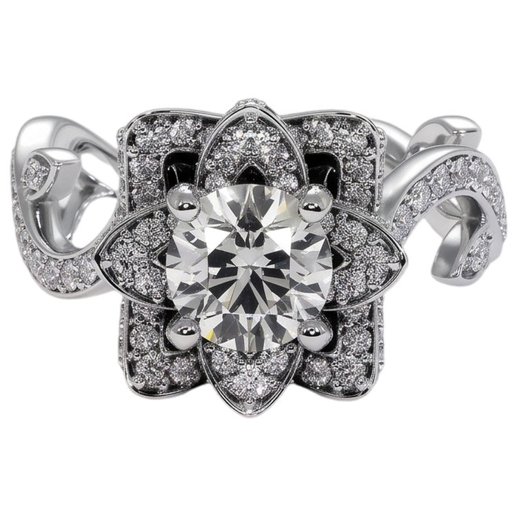 Bague Avec 4 Griffes En Or Blanc à 2,50 carats De Diamants Naturels Extraits des Mines ( et non cultivés en laboratoire ) Fleur De Lotus