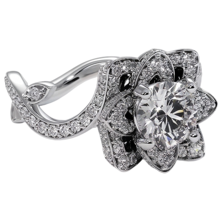 Bague Avec 4 Griffes En Or Blanc à 2,50 carats De Diamants Naturels Extraits des Mines ( et non cultivés en laboratoire ) Fleur De Lotus