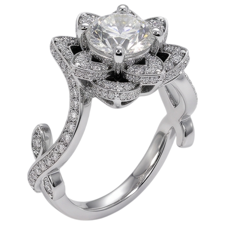 Bague Avec 4 Griffes En Or Blanc à 2,50 carats De Diamants Naturels Extraits des Mines ( et non cultivés en laboratoire ) Fleur De Lotus