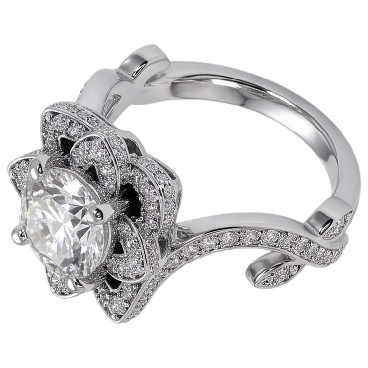 Bague Avec 4 Griffes En Or Blanc à 2,50 carats De Diamants Naturels Extraits des Mines ( et non cultivés en laboratoire ) Fleur De Lotus