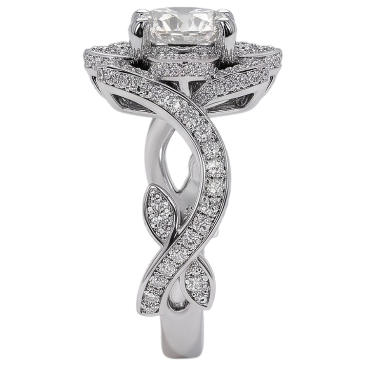 Bague Avec 4 Griffes En Or Blanc à 2,50 carats De Diamants Naturels Extraits des Mines ( et non cultivés en laboratoire ) Fleur De Lotus