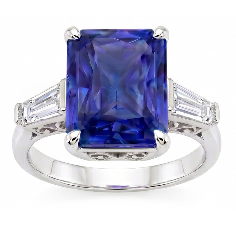Bague Baguette Diamant 3 Pierres Radiant Saphir Bleu Clair 2.50 Carats