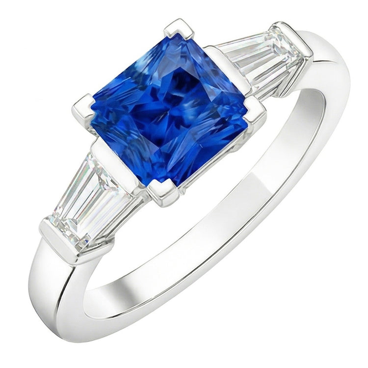 Bague Baguette Diamant 3 Pierres Radiant Saphir Bleu Clair 2.50 Carats
