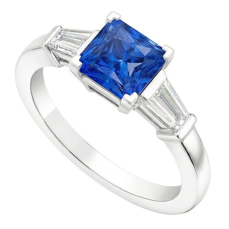 Bague Baguette Diamant 3 Pierres Radiant Saphir Bleu Clair 2.50 Carats