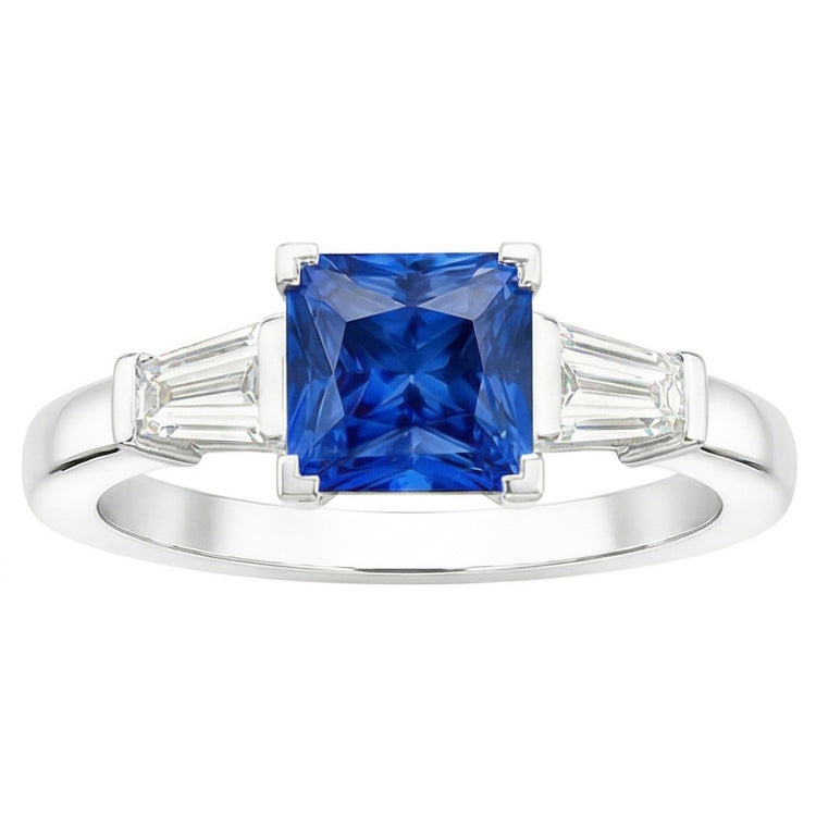 Bague Baguette Diamant 3 Pierres Radiant Saphir Bleu Clair 2.50 Carats