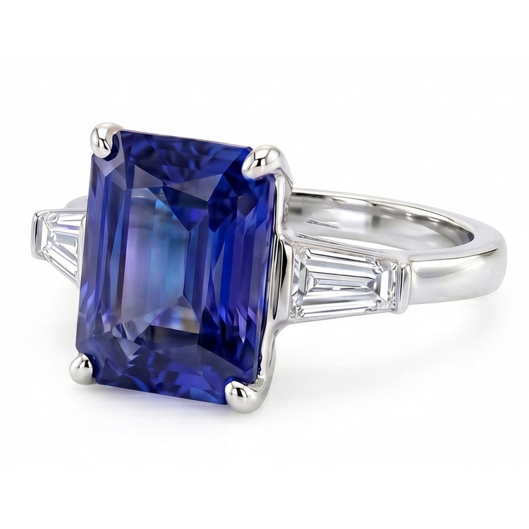 Bague Baguette Diamant 3 Pierres Radiant Saphir Bleu Clair 2.50 Carats