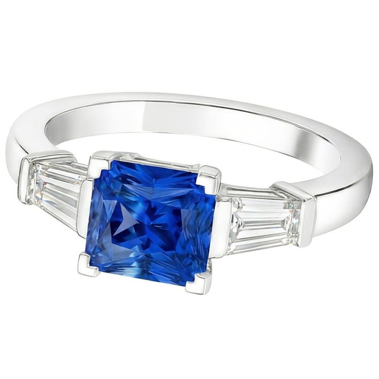 Bague Baguette Diamant 3 Pierres Radiant Saphir Bleu Clair 2.50 Carats