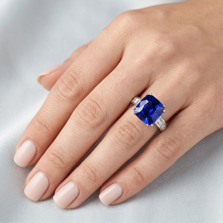 Bague Baguette Diamant Coussin Bleu Saphir Bague Or 4 Carats 14K Bijoux