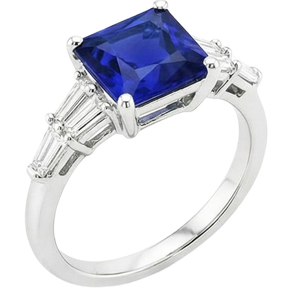 Bague Baguette Diamant Naturels Extraits des Mines ( et non cultivés en laboratoire ) & Princesse Ceylan Saphir Gemme 5.50 Carats