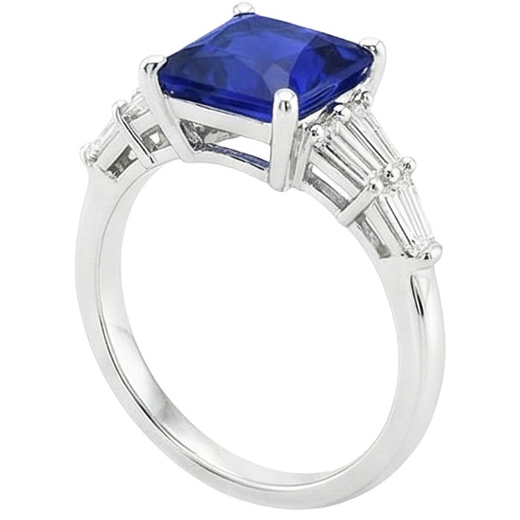 Bague Baguette Diamant Naturels Extraits des Mines ( et non cultivés en laboratoire ) & Princesse Ceylan Saphir Gemme 5.50 Carats