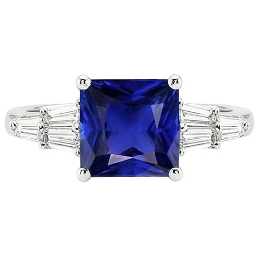 Bague Baguette Diamant Naturels Extraits des Mines ( et non cultivés en laboratoire ) & Princesse Ceylan Saphir Gemme 5.50 Carats