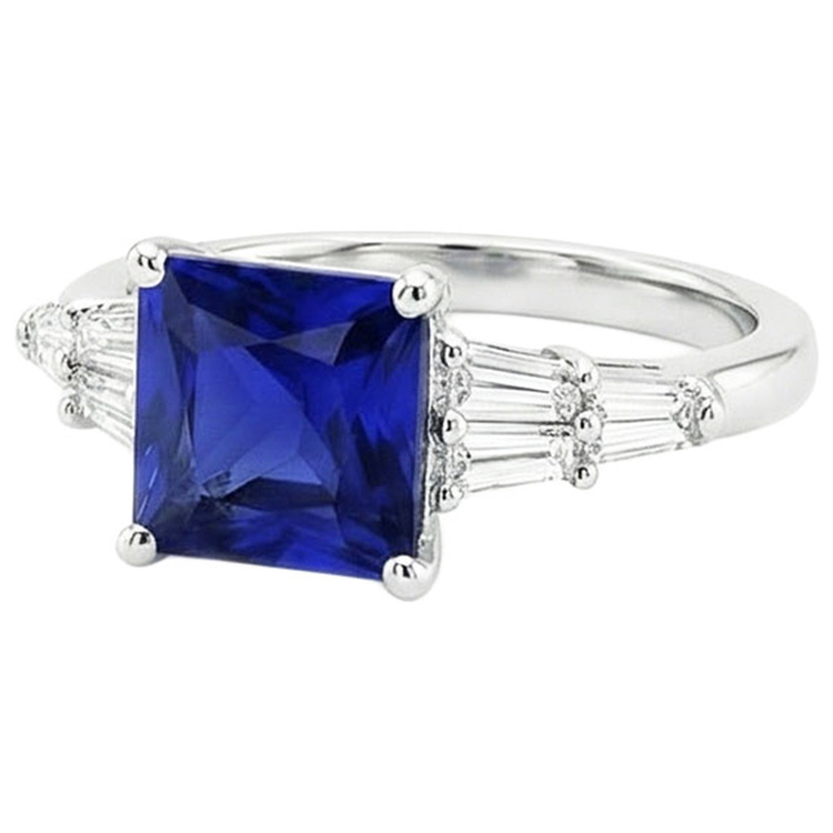 Bague Baguette Diamant Naturels Extraits des Mines ( et non cultivés en laboratoire ) & Princesse Ceylan Saphir Gemme 5.50 Carats