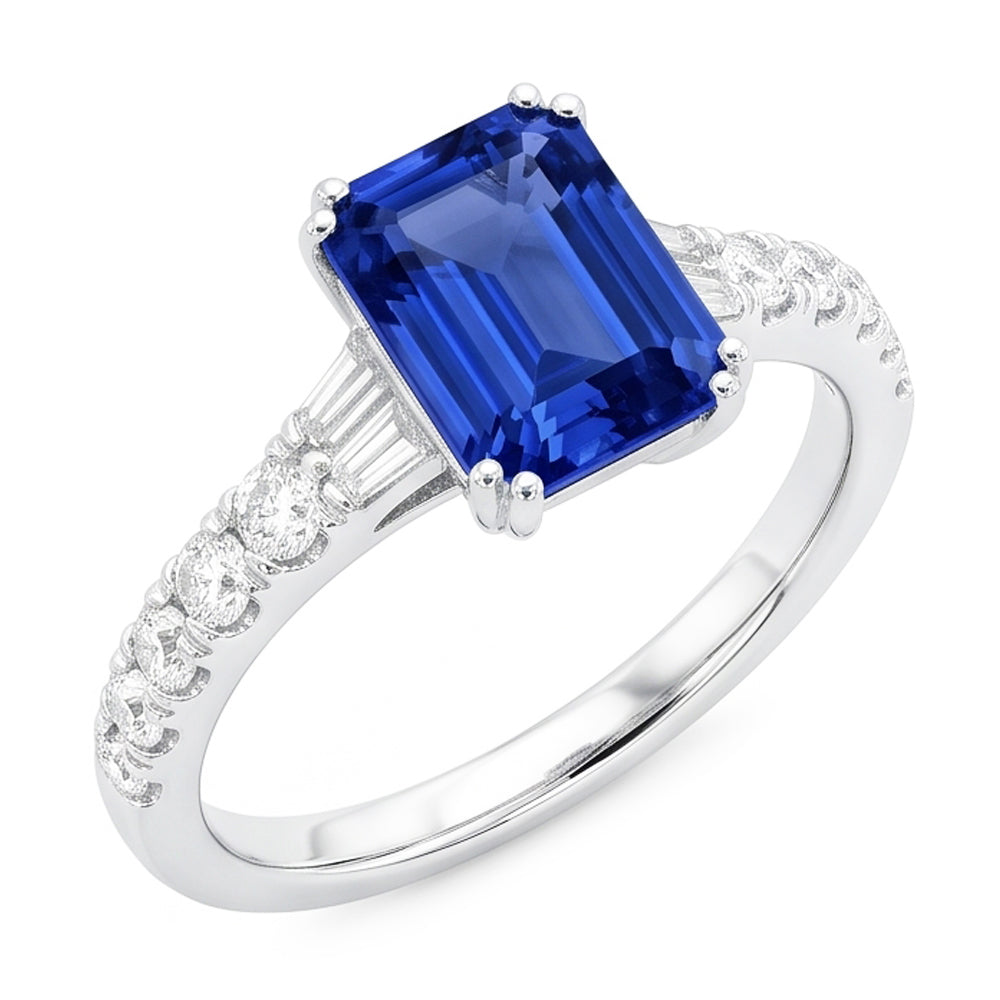 Bague Baguette Saphir Bleu Pierres Précieuses & Accents Ronds 3.50 Carats