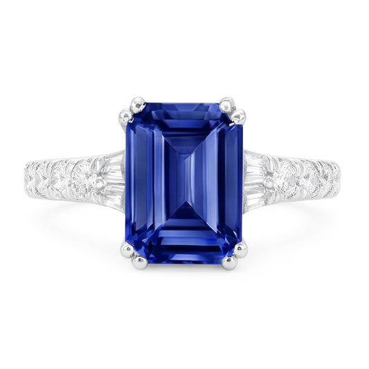 Bague Baguette Saphir Bleu Pierres Précieuses & Accents Ronds 3.50 Carats