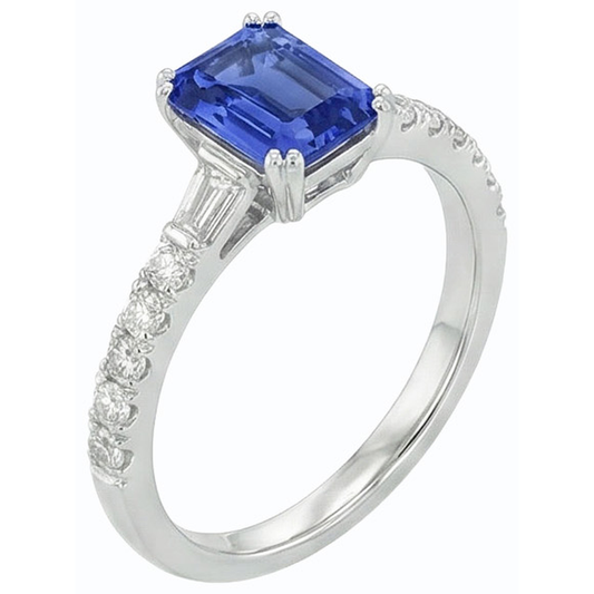 Bague Baguette Saphir Bleu Pierres Précieuses & Accents Ronds 3.50 Carats