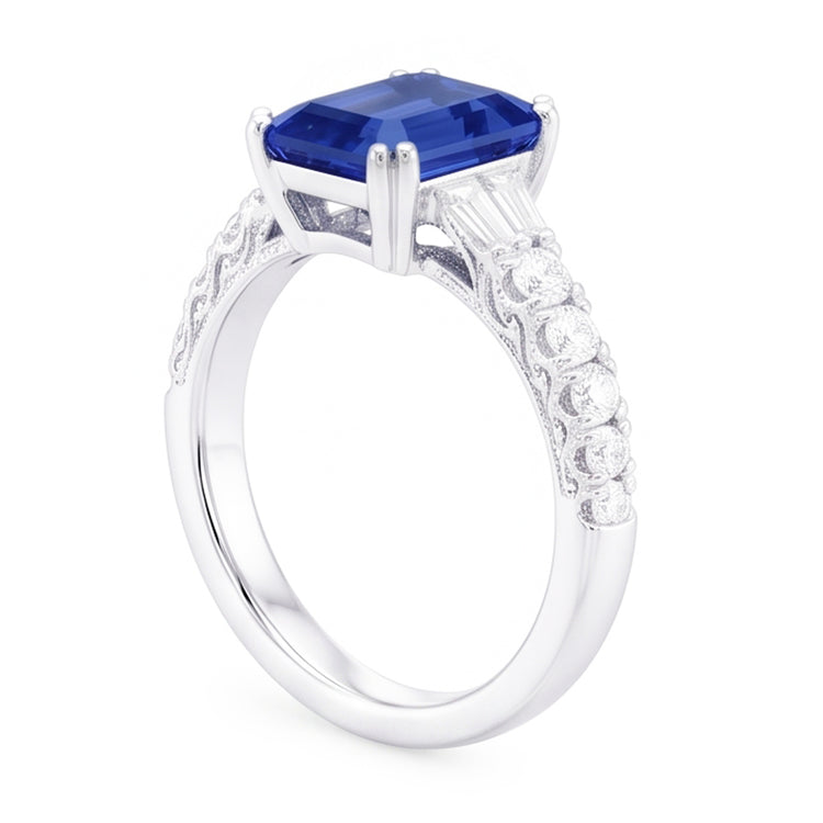Bague Baguette Saphir Bleu Pierres Précieuses & Accents Ronds 3.50 Carats